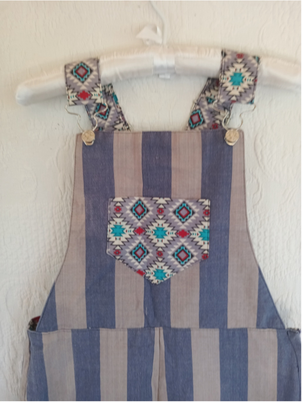 Artsy Western Overalls Slate Blue Beige Stripes Super Wide Leg Boho Trousers MED - Picture 2 of 12